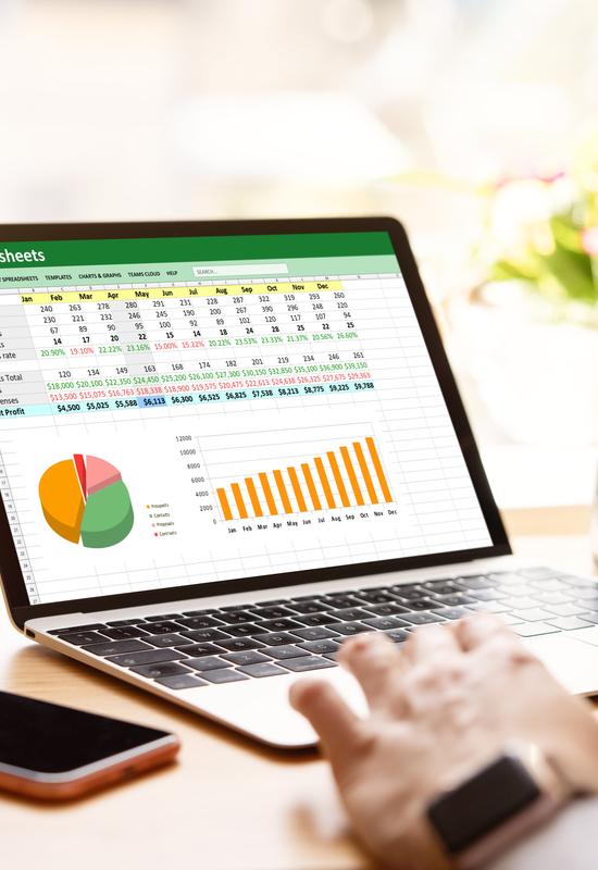 Frau arbeitet mit Tabellenkalkulationen auf einem Laptop